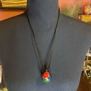 Vintage Cloisonne rose flower style medicine ball necklace on silky black fabric